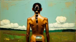 An abstract painting inspired by the iconic landscape style of Charles-François Daubigny The image you share has a surreal aesthetic with several symbolic and enigmatic elements. In the center, there is a human figure seen from behind, with her hair braided in an intricate style. His torso is bare and notably has a small box embedded in his lower back, which is a surreal element that could symbolize secrets or hidden emotions. Around this figure are several strange objects: on the left, a yello