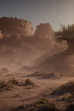 alien buildings, in the desert, surrounded by acacia trees, dunes, pathways, lake, roads, mountains, blue sky