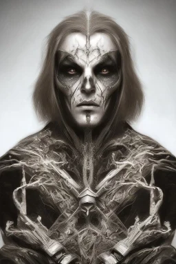 Symmetric portrait of a man with black metal facepaint , looking like Sotiris V Anunnaki