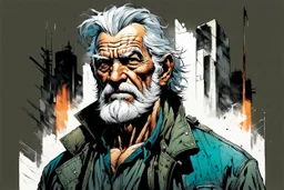 create a full body portrait illustration of a an aged grey haired, coarsely shaved, raggedly dressed, post apocalyptic, skid row derelict , with highly detailed and deeply cut facial features, in the comic art style of FRANK MILLER and BILL SIENKIEWICZ, searing lines and forceful strokes, precisely drawn, boldly inked, with gritty textures, vibrant colors, dramatic otherworldly lighting