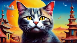 painting style, surrealism,80's, cat