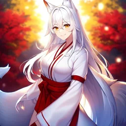 Clear focus, 8k, beautiful lighting, vibrant colors, fox girl, white hair, long hair, golden eyes, miko, tail, smile,