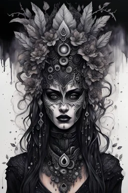 portrait vantblack pouring Acrylic an cyberpunk shaman woman extremely textured botanical-metal faced portrait with a voidcore metal gothica headdress with metallic filigree gothica ornaments around onix stones mineral stone metallic watercolour an black ink filigree silver voidcore shamanism foral ornaments plants and tree branches black ink on half face masque gothica filigree voidcore athmospheric organic bio spiral ökoart creepy stunning