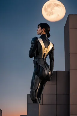 Photo Of A slim Woman With Black Hair, Wearing an android-looking suit, standing sideways On a ledge of a building, with a waning moon Behind Her Head, sunset