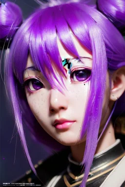 Detailed cute anime Kunoichi girl, purple hair buns, purple bangs, black latex bodysuit, intricate details, full body portrait, keep head in frame, slight smile, black Japanese motif, concept art, highly detailed, digital painting, concept art, sharp focus, illustration, art by Yoji Shinkawa, WLOP and greg rutkowski and alphonse mucha and artgerm and yanjun Chen and Junji ito and Makoto Shinkai, HDR, octane render