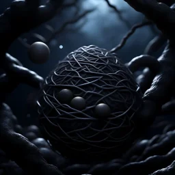 Multiple entanglements between a twisted thin piece of cloth as part of many twisted and spiraling branches disappearing into the distant mist between which metal balls are woven, epic photo, sharp on highly detailed skin with wrinkles and high contrast, photorealistic, 4K, 3D, realism, hyperrealism, detail, good lighting, detailed texture, modern photography style, 3D, 4D, 4K --2:3