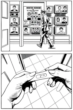uncolored comic book page: top panel(man on his way out the door walks past a display of televisions on which a bulletin of wanted criminals mugshots appears, higher over the shoulder camera perspective), bottom panel(pov a woman's hand with acrylic nails holding a pregnancy test that shows a positive result, tile floor below), panels divided at a 30 degree angle