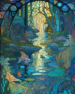 A serene scene of an enchanted river flowing through a lush, vibrant forest, filled with creatures and plants from various mythologies, in the style of stained glass art, vivid colors, bold lines, and intricate patterns, influenced by the works of Louis Comfort Tiffany and Alphonse Mucha, celebrating the harmony and beauty of the natural world.