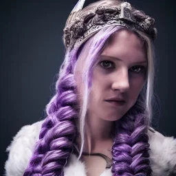 viking queen with purple armor, delicate purple braided hair, white flowing dress, highly detailed, 8k, ambient light, atmospheric lighting