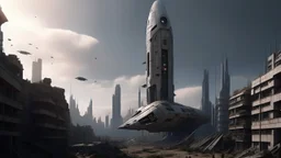 A small, long, sleek Spacecraft in a ruined alien city, surrounded by tall damaged buildings, clear sky, small white clouds, photorealistic