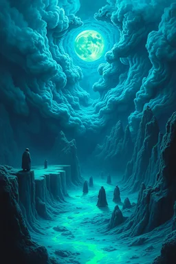 , Hell blue and light blue strong with greenSurreal images in the style of Zdzisław Beksiński,
