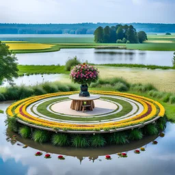 a round dance platform with decor mane in country side in center of picture ,green field ,flowers , small river,camera looking at horison