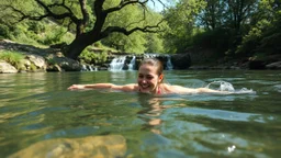 very beautifu lady is Breaststroke swimming in a beautiful river in country side with water falls and big tree,wild flowers and, ,heaven escape,