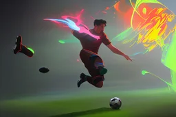 Oil painting, full body of a soccer player, he is kicking the ball, the ball is flying, bright but not neon colours, dynamic lines, dynamic blobs, spots, lines in the background of the character, splash like a colour explosion