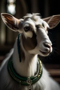 a potrait of a goat wearing a rosary while in church