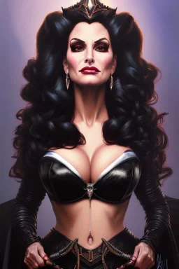 painting of lisa ann as evil queen in black leather, feminie, angry, stern look on her face, volouptous, busty, cleavage, emperious, mature, highly detailed, digital painting, artstation, concept art, smooth, sharp focus, illustration, art by gaston bussiere and alphonse mucha