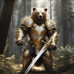 Big humanoid bear in white and gold armor in the woods, with swords, incredibly hyper-detailed, artwork, 8k digital art