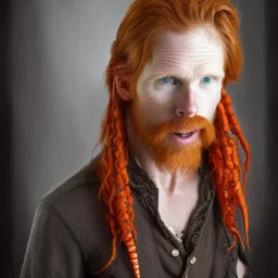 Portrait of Courtney Gains as a ruggedly handsome but joyful roguish pirate, charismatic, attractive male, masculine, perfect, precisely detailed, lightly freckled face, meticulously detailed multi-hued ginger carrot colored cherry fire red hair; Malachai of the corn; fantasy, intricate, elegant, highly detailed, digital painting, artstation, concept art, matte, sharp focus, illustration, art by artgerm and greg rutkowski and alphonse mucha