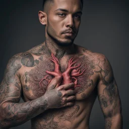 man with light skin with the entire cardiovascular system tattooed, nikon 70mm lens, photo, professional studio photo, very real