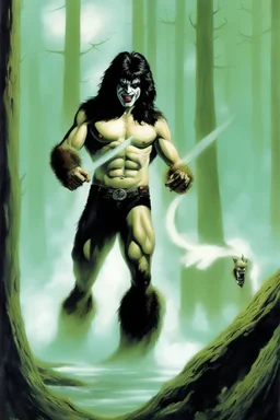 "Double Exposure" {{{{paul stanley full color oil painting art by Alex Ross, fog and clouds rising in the foreground}}}}. {{{{A giant werewolf roaming the woods at night, oil painting art by Neal Adams}}}}