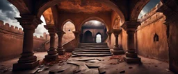 Hyper Realistic Photographic Wide-angle-Beautiful-Staircase Of Courtyard of A Huge-Abandoned-Dark-&-Detailed-Crafted-Rajasthani-Fort With Cracked Hallway-Arches In An Autumn Season with dried Orange Leaves on the land with dark cloudy-moonlight behind the fort showing dramatic & cinematic ambiance.