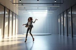 modern stage with a pretty lady in modern clothing dancing, 3D recursive structure animating background