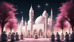 Hyper Realistic lots of men-praying-outside a beautiful grand-white-&-pink-mosque with Ramadan-lighting-decorations at dark night with stars on sky & tree-arches