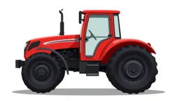 side of a modern closed cab tractor(red) with black wheels, digital illustration