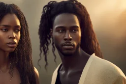 Beautiful black woman with long black hair standing next to brother with a scar, fantasy, ethereal, soft lighting, realistic lighting, HD 8K