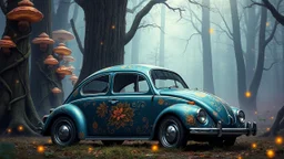 Create an image of a vintage Volkswagen Beetle parked in the heart of an enchanted forest, surrounded by towering trees with glowing mushrooms and vines wrapped around their trunks. The car is painted in a metallic blue hue with intricate, hand-painted floral patterns in shades of gold and copper. In the background, incorporate a subtle gradient of pale blue and purple hues to evoke a sense of mystique and wonder. The air should be filled with sparkling fireflies, adding to the whimsical atmosph