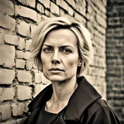 sweet woman, 35 years old, with blond short hair, facial skin with very noticeable unevenness and pores, face with wrinkles and unevenness, two nasolabial wrinkles on the face, wrinkles near the eyes, bags under the eyes, standing against an old brick wall on the street, during the day, abstract neorealism, cinematic, hyper-detailed, hyper-realistic, masterpiece, atmospheric, fashion photography, HDR, Polaroid film
