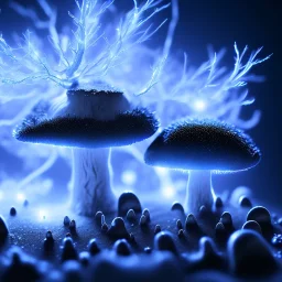 Spherical Frost metal magic armoured lightning glowing Mycelium MUSHROOM stars galaxy SPACE lANDSCAPE BURNING IN BLUE FLAMES hellfire abyss math chaos vivid cell