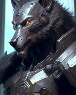 Portrait painting of a cybernetic grey werewolf with power armor, ultra realistic, concept art, intricate details, eerie, highly detailed, photorealistic, octane render, 8 k, unreal engine. art by artgerm and greg rutkowski and alphonse mucha