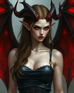 A female demon, pale skin, long brown hair, red eyes, long flaming horns, black leather crop top, black and red bat-like wings, arrogant, vicious, an air of malevolent power surrounds her, greg rutkowski, intricate details, hyperrealistic