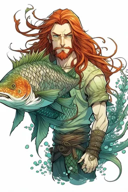 fish scaled determined wet pirate nereid male with seaweed in long auburn hair