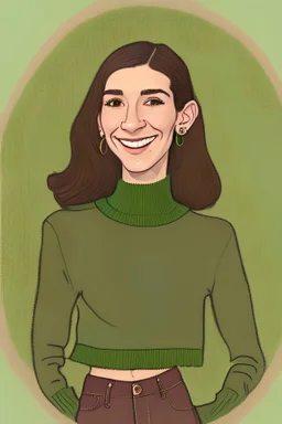Full-length portrait. Young male-to-female transgender woman ((feminine figure and face)). No female breasts but flat breasts. Medium-length, wavy dark brown hair. Hazel-green eyes. Large Greek nose, right nostril piercing. Smiling, mischievous face; six ring piercings in ears. Turtleneck crop top, low-waisted cargo trousers with visible thong. Mustard yellow trainers.