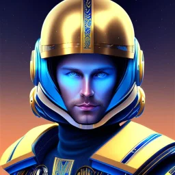 trés beau capitaine galactique,yeux bleus, cheveux longs blonds, avec costumes bleu et or , arrière fond bleu galactique étoilés, casque