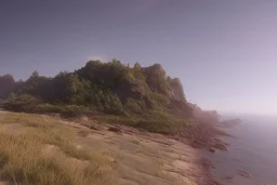 low-angle shot of a Craggy cliffside overlooking a sandy beachside, fantasy, mystical