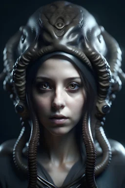 Realistic photolike looking Headshot of human female character with two psionic tentacles on head. Eyelids were closed. Set in spacefaring future.