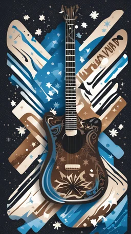 Create a dynamic snowboard pattern with a guitar theme, utilizing a maximum of 6 colors. Feature a stylized guitar fretboard running down the board in rich browns and blacks, complemented by rhythmic snowflakes in cool blues or silvers. Integrate a guitarist silhouette shredding down a mountain slope, using gradients for strumming motion. Keep the palette vibrant and harmonious, capturing the energy of music and snowboarding. very detailed, most detail ,