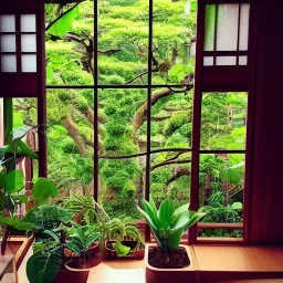  mahogany table lush house plants in pot looking out of a window to a crowded city with many textbooks on the table japan