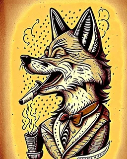 Vintage cartoon wolf. Whistling drawing, stylized , trAditional americana old school tattoo designed