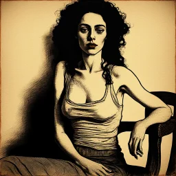 Breathtaking arab 30 years old woman with pale skin she is sitting on an old chair and has a tiny tanktop from the waist up, she has long black curly hair, petite figure, wide hips, prominent nose, thick lips, she has just been slapped around, by Egon Schiele, gustave dore, david mann, retro vintage style, hd photography, hyperrealism, graphite pencil drawing, realistic, natural, b&w illustration, fine art, beautiful watercolor painting, realistic, detailed, by olga shvartsur, svetlana novikova