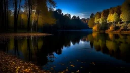 The still lake reflects the moonlight, creating a serene atmosphere in the autumn night. The trees sway gently, whispering their secrets to the tranquil water.