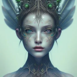 Portrait of beautiful girl, face dept of field, plant, metal, feathers, Dryad, fae, sidhe, ominous, nature, plants, wildflower, facepaint, dnd character portrait, intricate, oil on canvas, masterpiece, expert, insanely detailed, 4k resolution, retroanime style, cute big circular reflective eyes, cinematic smooth, intricate detail , soft smooth lighting, soft pastel colors, painted Renaissance style,sharp fucus, bokeh,macro lens, 1500mm lens