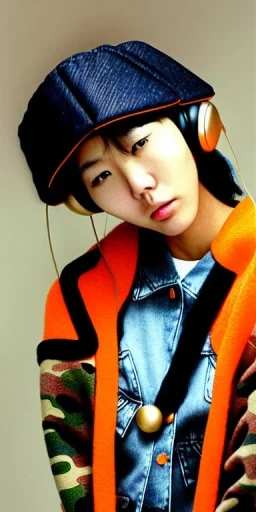 Young fleshy Korean woman black hair. thick thigh, thick calves. Style futurism, 1990's, rough street style.Mantle is sewed of recycled Denim and sewed together of camouflage pieces.Big headphones, with gold rings, is merged with small felt cap with small visor. A bag is integrated to the mantle. Patterns are composed of orange, cream, blue, lilac and purple. blue latex somewhere. It is with big bright purple felt tippet and cream-colored-hood. mantle is merged with tippet.