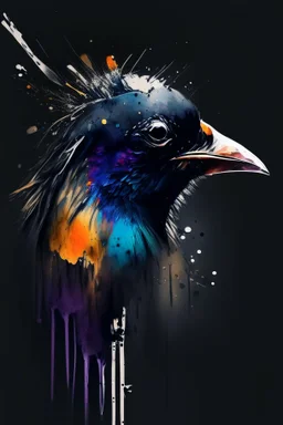 abstract painting, watercolor, full color, black background, 8k resolution, splashed, varied brushstrokes, bird head look the cam