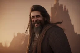 Laughing braided long haired bearded tall man wearing rugged long merchant's coat, medieval fantasy, dark background and lighting