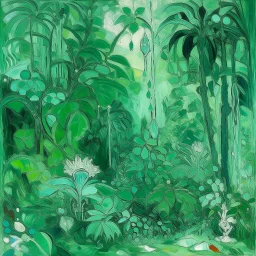 A mint colored jungle with crystals and gems painted by Claude Monet