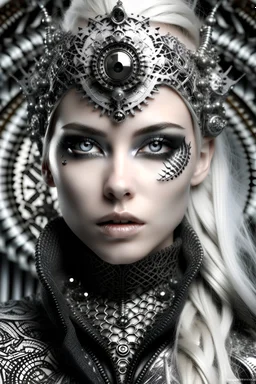 Beautiful faced young blond winter queen biomechanical woman, wearing silver goth punk metallic filigree floral face masque, adorned with goth punk silver metallic diadem headress, wearing biomechanical amalgamation style leather jacket dress ribbed with silver floral metallic filigree biomechanical vantablack pattern, organic bio spinal ribbed detail of gothic winter snowy backround extremely detailed maximalist hyperrealistic concept art